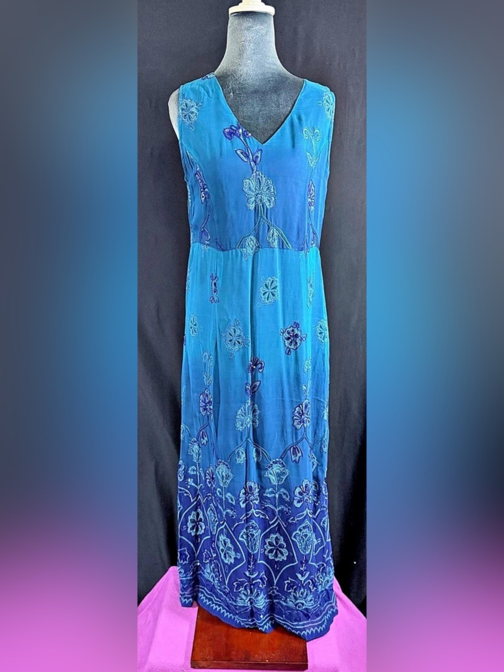 VTG Dress Blue & Purple Floral Embroidered Maxi Embroidered Sequins 90’s beach